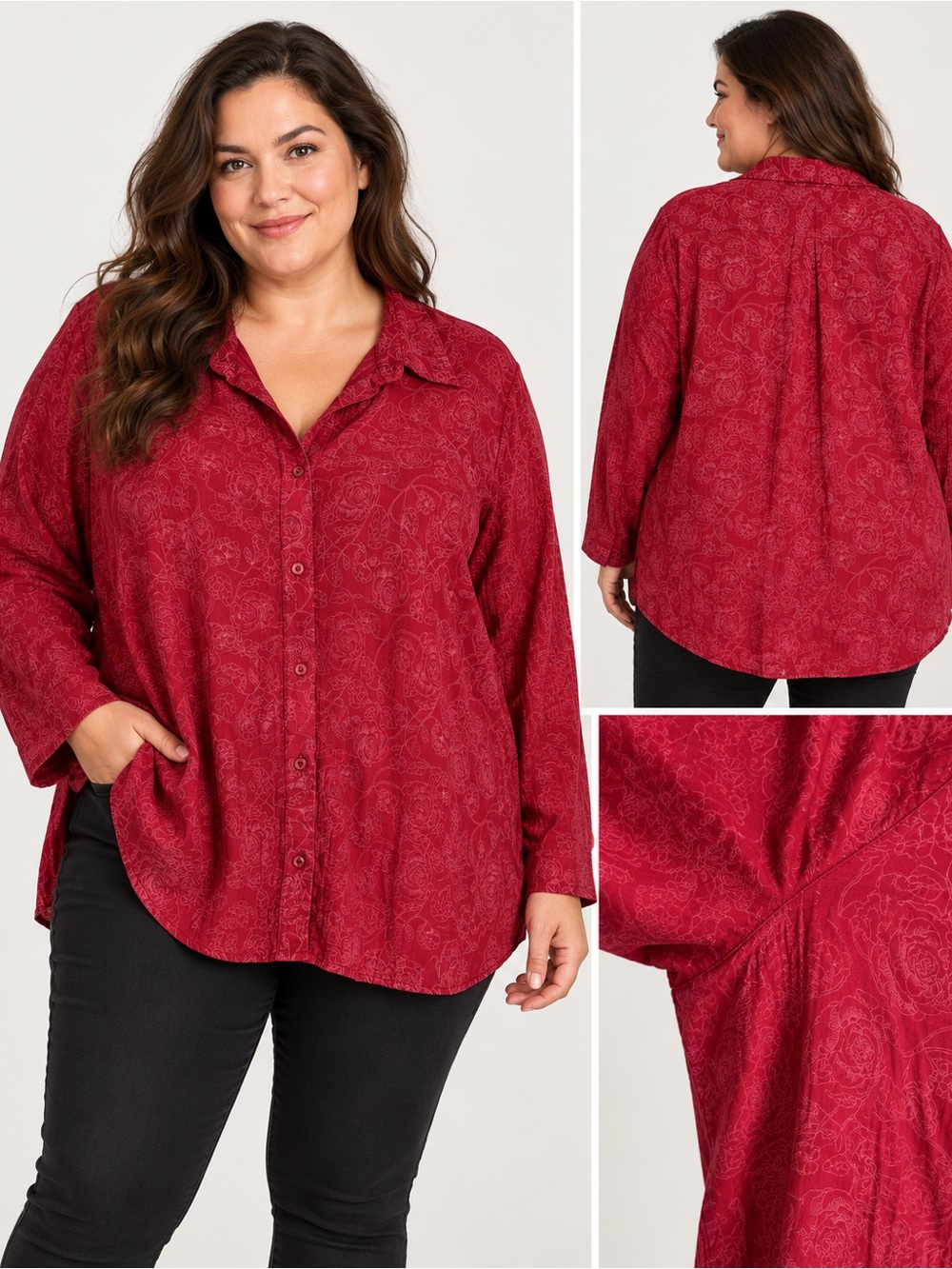 Red Button-Front Long Sleeve Shirt - Plus Size Size 3X or 4X Cottagecore